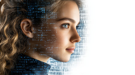 Woman With Curly Hair And Digital Binary Code Visualized On Skin, AI And Technology Conceptの素材
