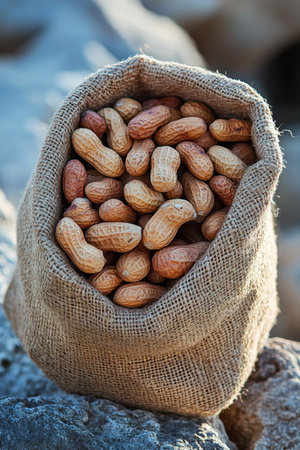 Freshly Harvested Peanuts in a Burlap Sack on Rustic Farm Background, with Copy Spaceの素材