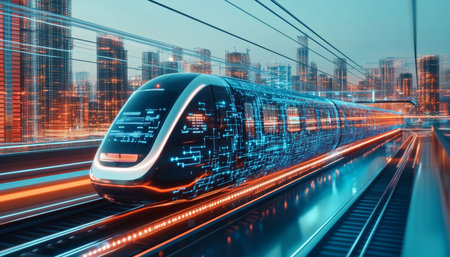 Futuristic Maglev Train with Digital Network Over Smart Cityscape, Next-Generation Transport.の素材