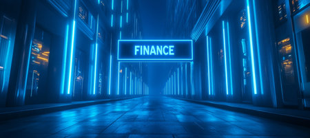 Blue Neon City Street View With Illuminated Finance Signage On Futuristic Buildingsの素材