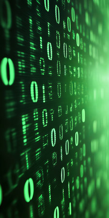 Green Streams of Binary Code Flowing Down a Black Background, Concept for Cybersecurity, Programmingの素材