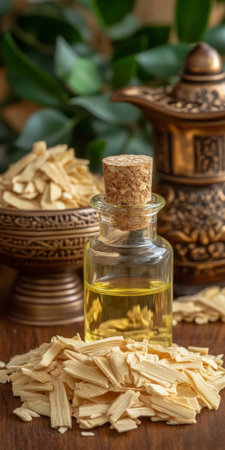 Sandalwood Essential Oil in Glass Bottle, Sandalwood Chips, and Incense Holder on Tableの素材