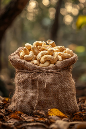 Cashews overflowing burlap sack, harvesting on rustic farm background, ample copy space.の素材