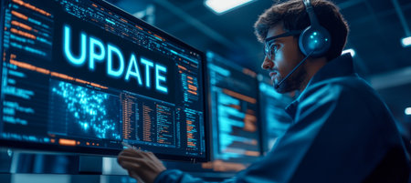 Focused IT Professional Updating Software Workstation, Glowing Update Sign, Cybersecurityの素材