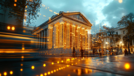 Neoclassical Bank Building in Virtual Cityscape, Fintech and Digital Transformation Conceptの素材