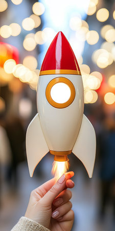 Woman Holding a Toy Rocket with Sparkles Against a Blurry Background, Startup Conceptの素材