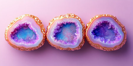Trio of Colorful Geodes Sparkling Lavender, Blue, and Rose Gold Quartz Crystals on Pinkの素材
