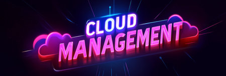 Neon Sign With The Words Cloud Management, On A Dark Background With Multicolored Lightsの素材