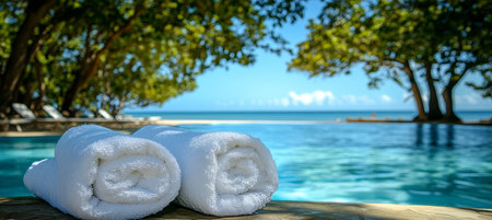White Towels by Infinity Pool Overlooking Tropical Blue Ocean, Vacation Relaxation Conceptの素材