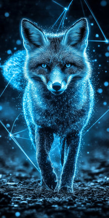 Neon Blue Holographic Fox in Digital Space with Abstract Particles and Geometric Shapesの素材