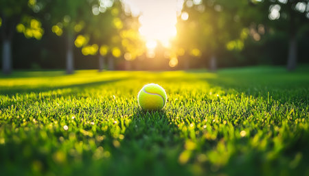 Tennis Ball on Lush Grass Court, Golden Hour Sunlight, Sports Background, Championship Conceptの素材