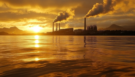 Industrial Power Plant Emitting Smoke at Sunset, Atmospheric Pollution, Environmental Concernsの素材