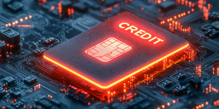 Credit Card Cybersecurity Concept. Orange Neon Chip on Circuit Board, Finance and Data Protectionの素材