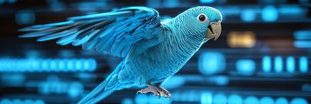 Holographic Blue Parrot Soaring Through Digital Space, Symbolizing Modern Technology and Innovation.の素材