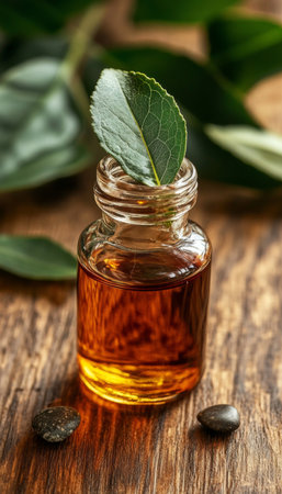 Tea Tree Essential Oil in Glass Bottle, Tea Tree Leaves, and Stones on Textured Wooden Tableの素材