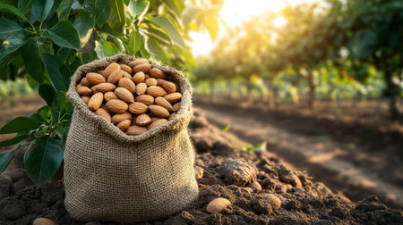 Freshly Harvested Almonds in Burlap Sack, Orchard Background, Golden Hour Light, Copy Spaceの素材