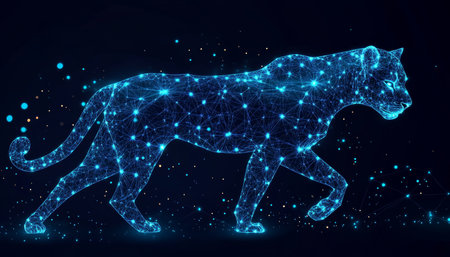 Futuristic Holographic Lioness, Emerging from Digital Particles Innovation and Technology Concept.の素材