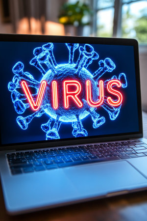 Laptop Computer Displaying Neon Virus Sign, Cybersecurity Threat and Malware Protection Conceptの素材
