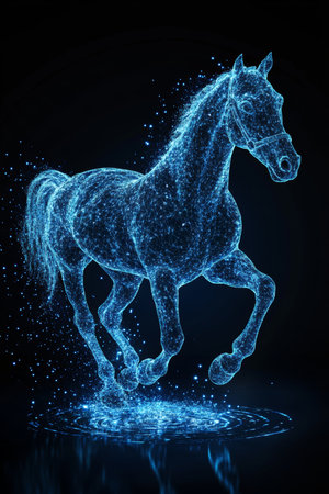 Holographic Horse Glowing, Futuristic Technology Concept In Abstract Digital Space, 3D Renderの素材