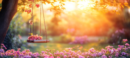 Wooden Swing Hanging From Tree Branch In Beautiful Garden With Blooming Flowers During Golden Hourの素材