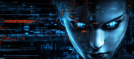 Double Exposure Portrait of a Woman Merging with Digital Code, Artificial Intelligence Concept.の素材