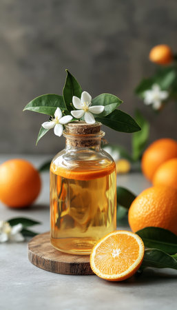 Neroli Essential Oil in a Glass Jar Surrounded by Sliced Oranges and Delicate Orange Blossomsの素材