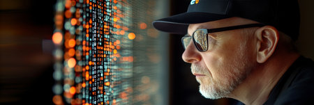 Deep in Thought Senior Programmer Analyzing Binary Code in a Double Exposure Portraitの素材