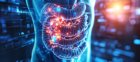 3D Illustration of Human Digestive System Anatomy With Blue and Orange Medical Backgroundの素材