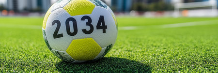 Soccer Ball on Lush Green Field, Close-Up with 2034 Text, Symbolizing Future Championshipsの素材