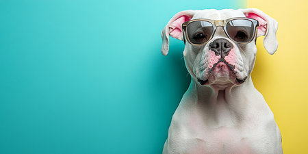 Stylish White Dog in Sunglasses on a Colorful Background A Symbol of Summer Fun and Pet Fashionの素材
