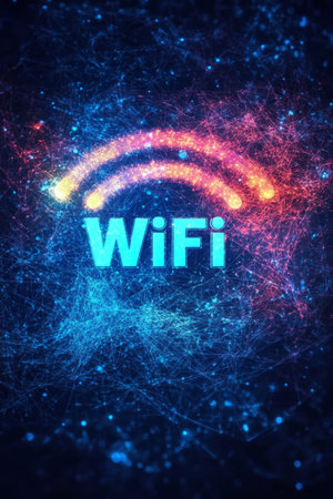 Abstract glowing WiFi symbol on connected dots backdrop, concept of fast wireless connection.の素材
