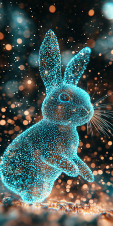 Holographic Azure Bunny Embraces Digital Space Illustrating Contemporary Technology Advancement.の素材
