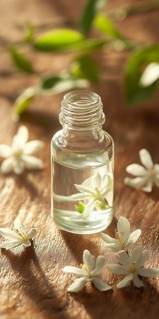 Glass Bottle Of Essential Oil With Delicate White Flowers On Rustic Board In Sunlightの素材