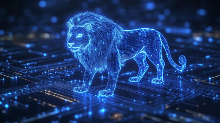 Holographic Blue Lion Prowling Through Futuristic Technological Landscape, Concept of Innovationの素材