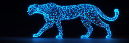 Neon Blue Holographic Cheetah Walking on Black, Futuristic Technology, Innovation Conceptの素材