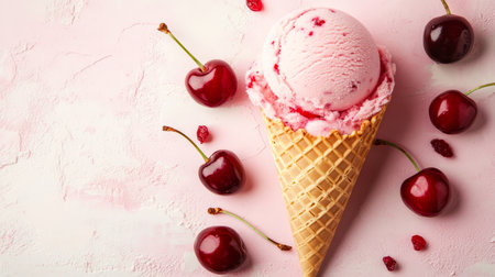 Pink Delight Refreshing Cherry Ice Cream in a Waffle Cone on a Pink Background with Fresh Cherriesの素材