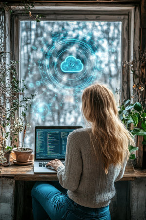 Woman Working Remotely on Laptop, Digital Cloud Symbol Over Winter Window, Freelance Tech Careerの素材