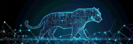 Futuristic Holographic Tiger Modern Technology And Digital Advancements Illustrated. Side View.の素材