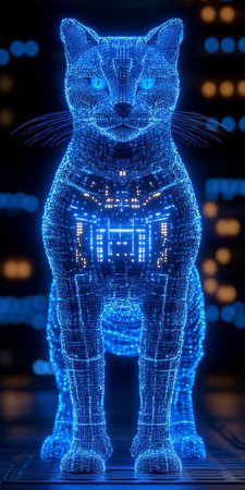 Futuristic Blue Holographic Cat In Digital Environment., Modern Technological Concept.の素材