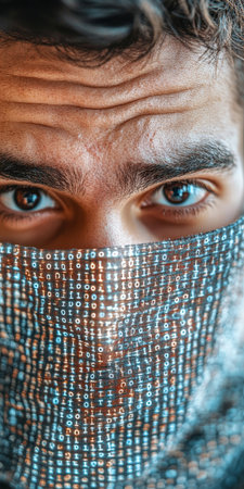 Close-Up Portrait of Man with Brown Eyes Partially Covered by Blue, Grey, and Brown Patterned Scarfの素材
