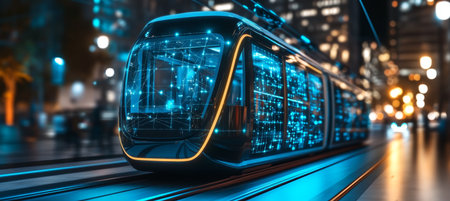 Futuristic Cityscape With Innovative Elevated Transport System And Digital Network Connectivityの素材