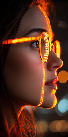 Woman with Neon Lights Reflecting on Face in City at Night. Cyberpunk, Futuristic Fashion Concept.の素材