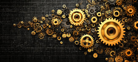 Golden Gears and Cogs Intricate Mechanism on a Dark Textured Background, Steampunk Conceptの素材