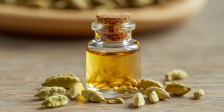 Cardamom Essential Oil in Glass Bottle on Wooden Background. Natural Medicine Alternative.の素材