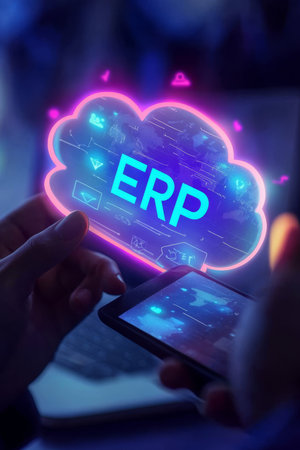 Businessman Accessing Cloud-Based Enterprise Resource Planning System on Mobile Device in Officeの素材