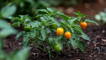 Fresh Green, Yellow, and Orange Chili Peppers Growing on a Plant, Vibrant Garden Sceneの素材