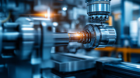 Precision Engineering Close-Up of CNC Machine Carving Metal Part in Modern Industrial Workshopの素材
