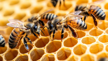 Working Together Bees Interact on a Golden Honeycomb, Close-up View of Busy Pollinators at Workの素材