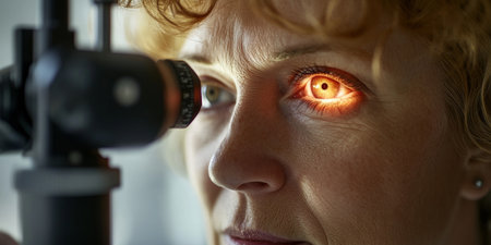 Senior Woman Undergoing Detailed Eye Examination with a Slit Lamp at an Ophthalmology Clinicの素材