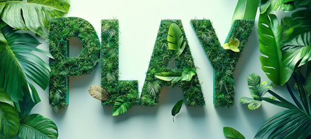 Play Word Made From Lush Greenery, Plants, And Tropical Leaves Isolated On A White Backgroundの素材